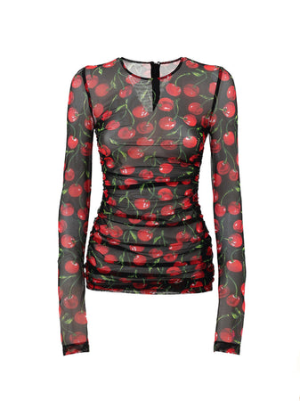 Dolce &amp; Gabbana Maglia a Manica Lunga in Tulle Nero Stampa Ciliegie da donna