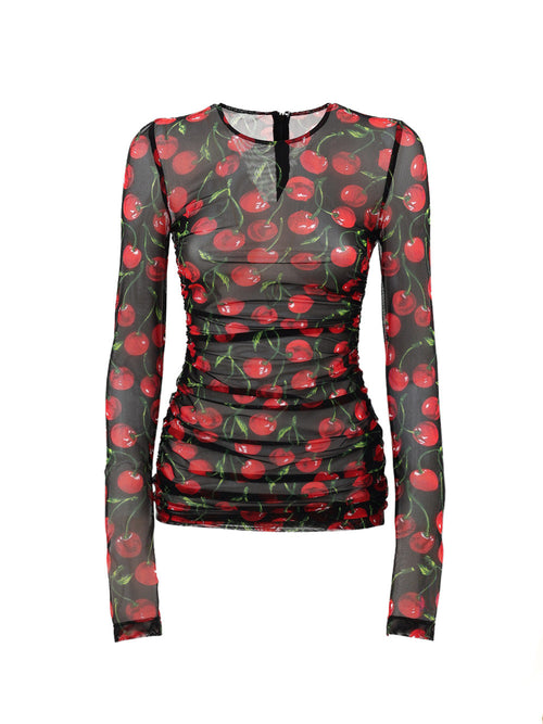 Dolce & Gabbana Maglia a Manica Lunga in Tulle Nero Stampa Ciliegie da donna