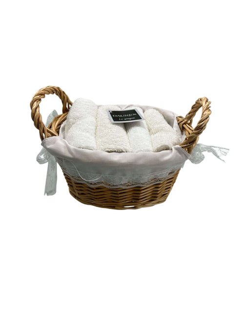 Set lavette Daunex Cottage 30x30 in spugna di cotone con cestino stile country chic, accessorio bagno elegante.