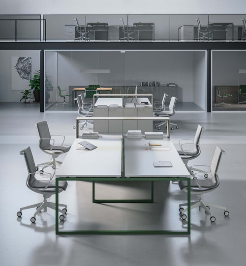 Bench con gambe ad anello e pannello divisorio, per due operatori cm. 140/160/180x164x73/107,3h