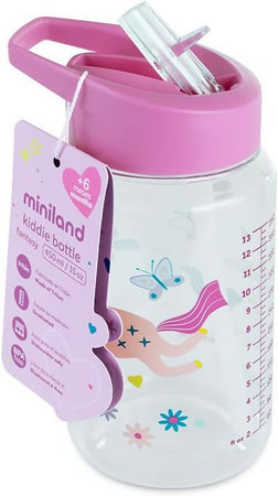 MINILAND Bottiglia per Bambini da 450ml, Borraccia con Cannuccia e Manico Ergonomico, Lavabile in Lavastoviglie, colore Fantasy