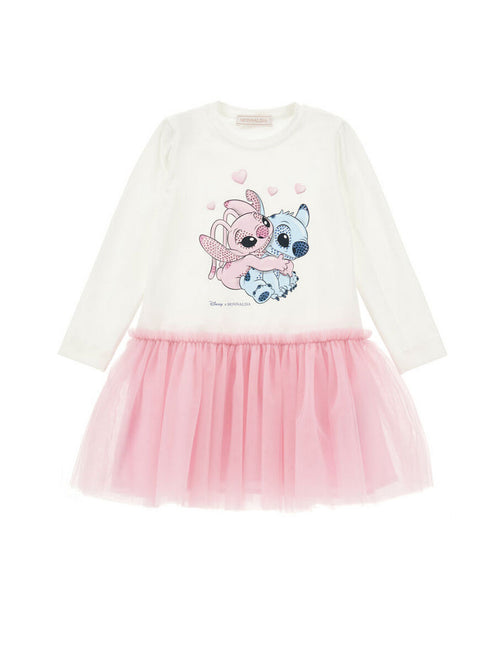 MONNALISA vestito bambina panna e rosa stampa stitch da bambino