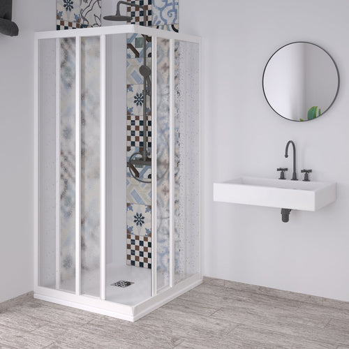 Box doccia angolare Acril in Acrilico con profili in PVC apertura centrale riducibile Made in Italy