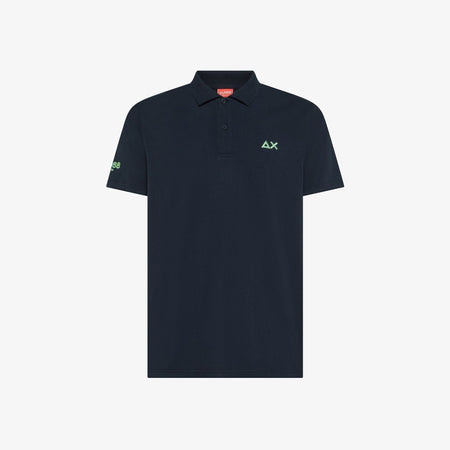 Polo uomo Sun68 blu navy in jersey di cotone con logo fluo