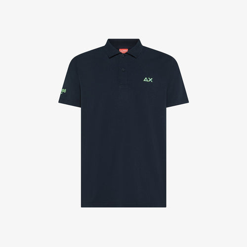 Polo uomo Sun68 blu navy in jersey di cotone con logo fluo