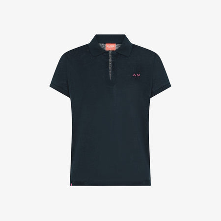 Polo donna Sun68 blu navy in jersey di lino con scollo a V