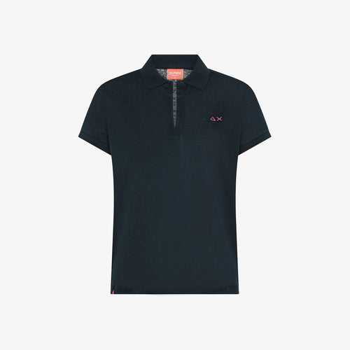 Polo donna Sun68 blu navy in jersey di lino con scollo a V