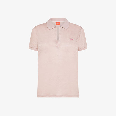 Polo donna Sun68 rosa porcellana in jersey di lino con scollo a V