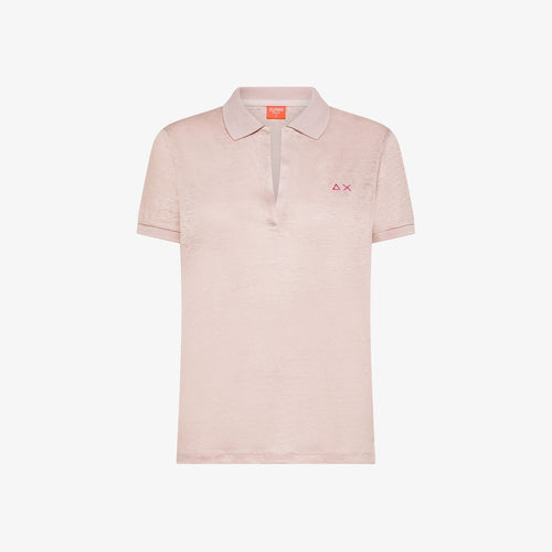 Polo donna Sun68 rosa porcellana in jersey di lino con scollo a V