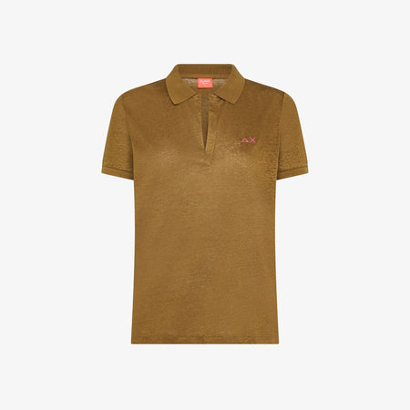 Polo donna Sun68 marrone volpe in jersey di lino con scollo a V