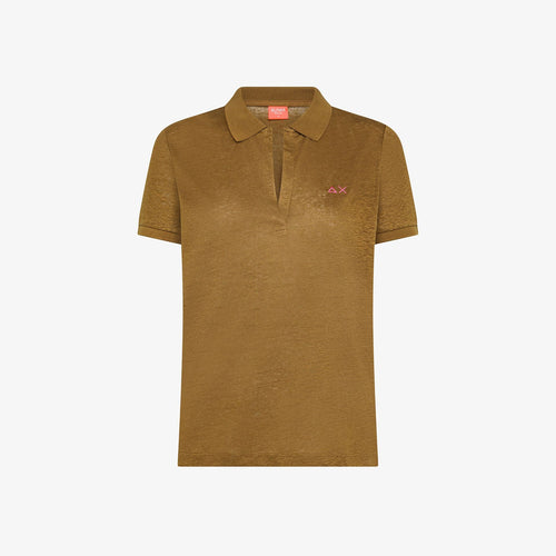 Polo donna Sun68 marrone volpe in jersey di lino con scollo a V