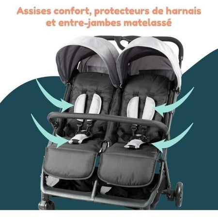 Bambisol - DS209 GRIGIO NERO - Passeggino doppio affiancato Per gemelli dalla nascita, chiusura ultracompatta Nero Grigio