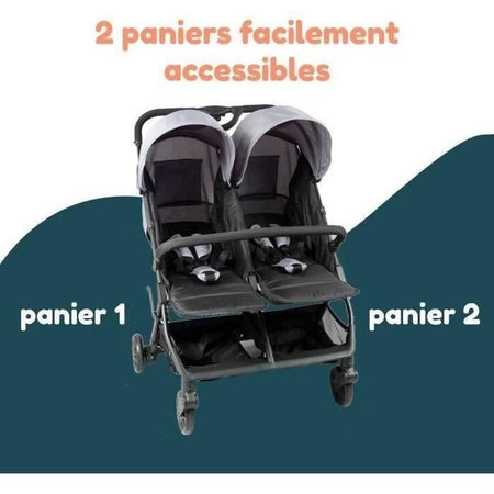 Bambisol - DS209 GRIGIO NERO - Passeggino doppio affiancato  Per gemelli dalla nascita, chiusura ultracompatta  Nero Grigio
