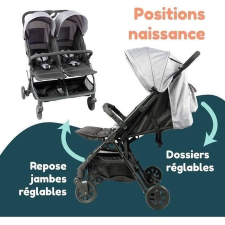 Bambisol - DS209 GRIGIO NERO - Passeggino doppio affiancato Per gemelli dalla nascita, chiusura ultracompatta Nero Grigio