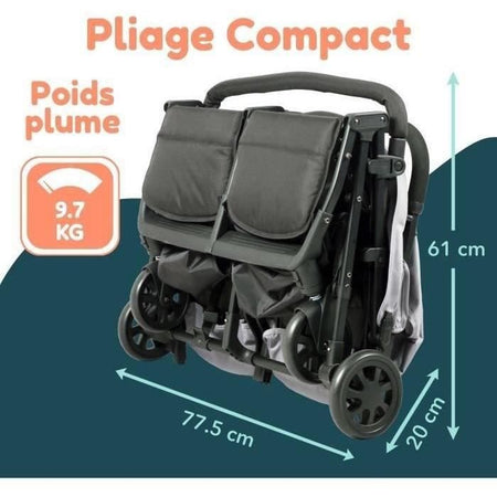 Bambisol - DS209 GRIGIO NERO - Passeggino doppio affiancato  Per gemelli dalla nascita, chiusura ultracompatta  Nero Grigio