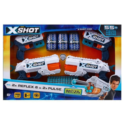 Pack Blasters - ZURU - Combo Pack 2 Kickback + 2 Reflex 6 - Potenti blaster con tiro da 27 metri e canna rotante