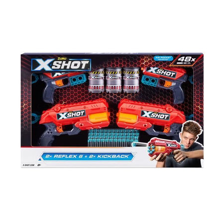 Pack Blasters - ZURU - Combo Pack 2 Kickback + 2 Reflex 6 - Potenti blaster con tiro da 27 metri e canna rotante