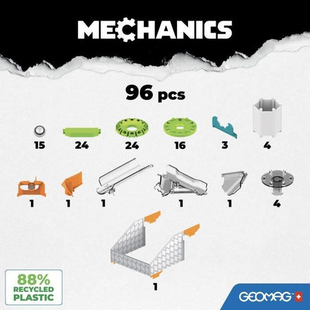 Set di costruzioni - GEOMAG - Obiettivo sfida meccanica! - 96 pezzi - Magnetico - Gioco interattivo - Plastica riciclata
