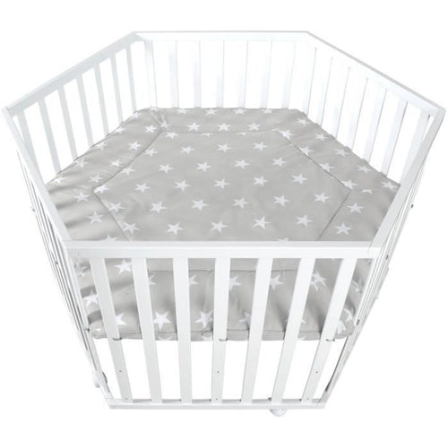 Box per bambini ROBA LITTLE STARS Hegaxonal - Altezza regolabile - Rivestimento imbottito - Ruote frenanti - Legno laccato bianco - Motivo a stelle