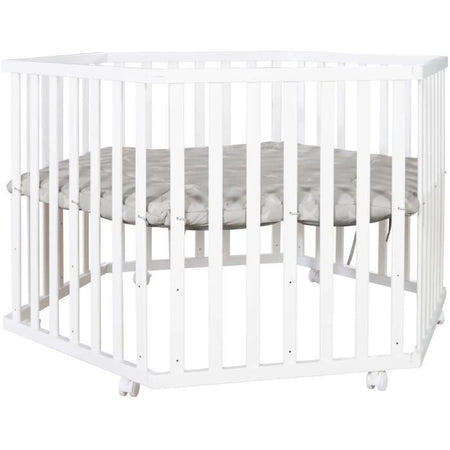 Box per bambini ROBA LITTLE STARS Hegaxonal - Altezza regolabile - Rivestimento imbottito - Ruote frenanti - Legno laccato bianco - Motivo a stelle