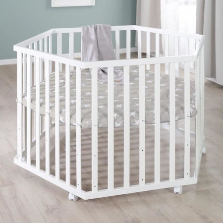 Box per bambini ROBA LITTLE STARS Hegaxonal - Altezza regolabile - Rivestimento imbottito - Ruote frenanti - Legno laccato bianco - Motivo a stelle