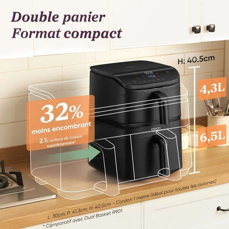 Friggitrice ad aria COSORI Turbo Tower Chef Edition - Capacità 10,8 l - 2 vasche - 6 programmi - 2630 W - Nero