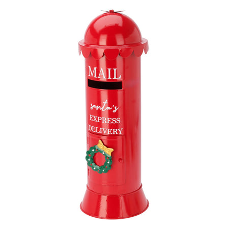 Mailbox cilindrica in metallo colore rosso con decorazioni natalizie