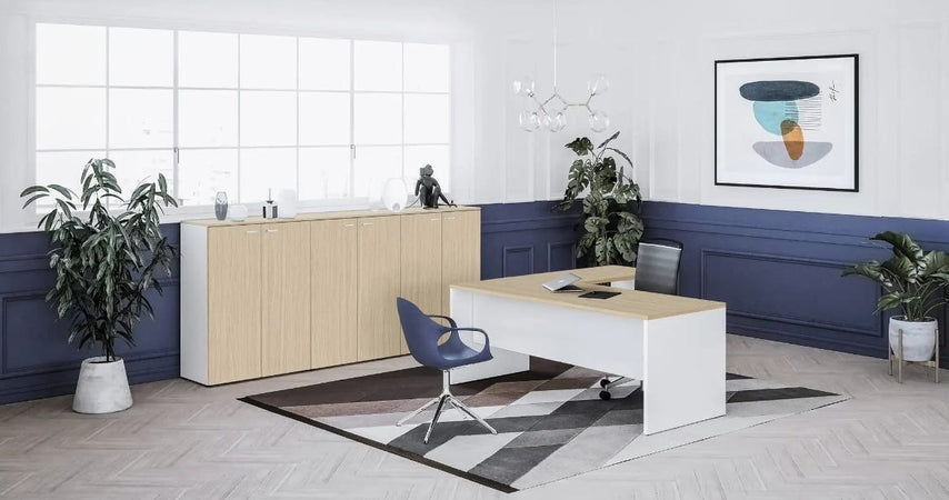 Scrivania in melaminico con fianchi pannellati e gonna frontale per ufficio operativo cm. 120/140/160/180/200x80x74h