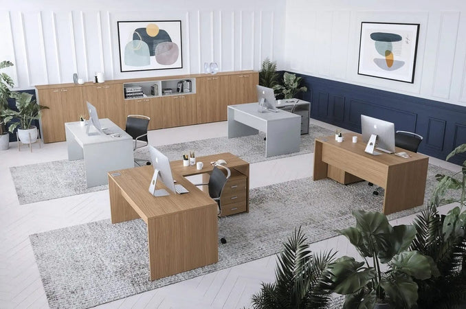 Scrivania in melaminico con fianchi pannellati e gonna frontale per ufficio operativo cm. 120/140/160/180/200x80x74h