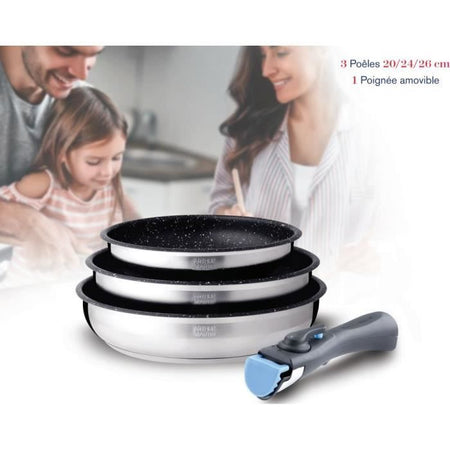 Set 3 padelle - Arthur Martin - AM2196 - 20-24-26 cm - Acciaio inox - Manico smontabile - Tutti i piani cottura, compresa l'induzione