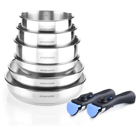ARTHUR MARTIN AM5538 - Batteria di pentole in acciaio inossidabile da 8 pezzi: 3 padelle, 3 pentole, 2 maniglie - Tutti i piani cottura inclusi quelli a induzione