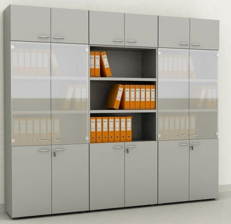 Libreria da ufficio in legno di vario colore con piani e ante battenti cm. 90x45,8x200h