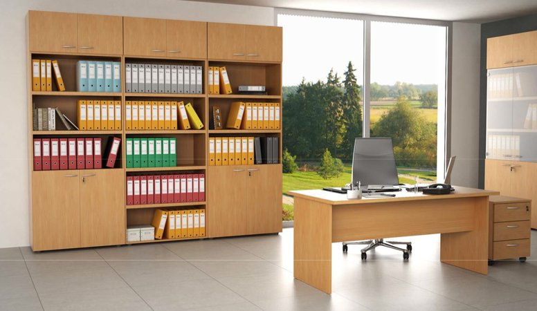 Libreria armadio da ufficio con piani a giorno e ante battenti in legno cm. 90x45,8x200h