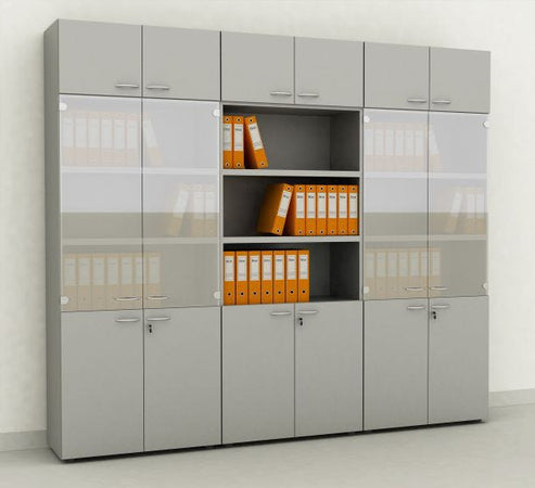 Libreria armadio da ufficio con piani a giorno e ante battenti in legno cm. 90x45,8x200h