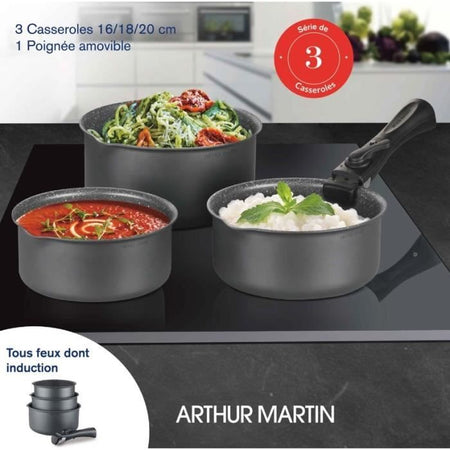 Arthur Martin AM777GM Batteria da cucina Set di 3 padelle - Matt Grey 16-18-20 cm + 1 manico rimovibile - Tutte le luci inclusa l'induzione