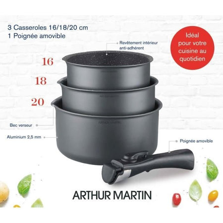 Arthur Martin AM777GM Batteria da cucina Set di 3 padelle - Matt Grey 16-18-20 cm + 1 manico rimovibile - Tutte le luci inclusa l'induzione