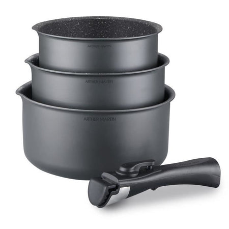 Arthur Martin AM777GM Batteria da cucina Set di 3 padelle - Matt Grey 16-18-20 cm + 1 manico rimovibile - Tutte le luci inclusa l'induzione