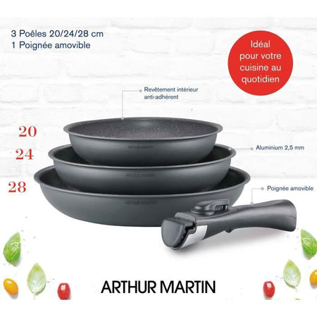 ARTHUR MARTIN AM521GM BATTERIA DELLA CUSCINE SET con 3 stufe - Matt Grey 20-24-28 cm + 1 manico rimovibile - Tutte le luci inclusa l'induzione