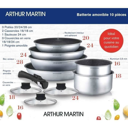 Arthur Martin AM167s Batteria da cucina a 10 parti - Alluminio - Manico rimovibile - Tutte le luci inclusa l'induzione