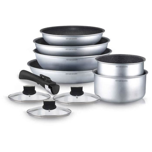 Arthur Martin AM167s Batteria da cucina a 10 parti - Alluminio - Manico rimovibile - Tutte le luci inclusa l'induzione