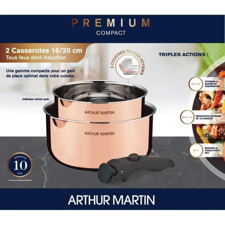 2 pentole 16-20 cm + 1 manico - ARTHUR MARTIN - AM720GT - 3 strati tripla azione - Tutte le fonti di calore compresa induzione