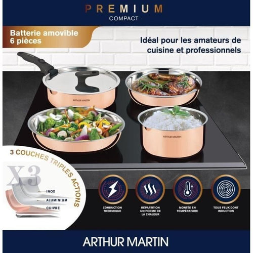 Batteria di pentole 6 pezzi - ARTHUR MARTIN - AM516GT - Tripla azione 3 strati - Tutte le fonti di calore compresa l'induzione