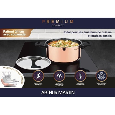Forno olandese da 24 cm - ARTHUR MARTIN - AM945GT - 3 strati tripla azione: rame, alluminio, acciaio inox - Tutte le fonti di calore compresa induzione