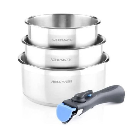 Set di 3 padelle 16-18-20 cm Arthur Martin AM3710 - Acciaio inossidabile - Manico rimovibile - Tutte le luci inclusa l'induzione