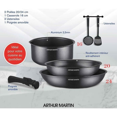 Pentole - Tutte le fonti di calore compresa l'induzione - Arthur Martin - AM9582 - Alluminio - Antiaderente - 6 pezzi - Manico removibile