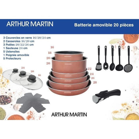 Batteria da cucina 20 pezzi Arthur Martin - alluminio - manico rimovibile - tutte le luci inclusa l'induzione