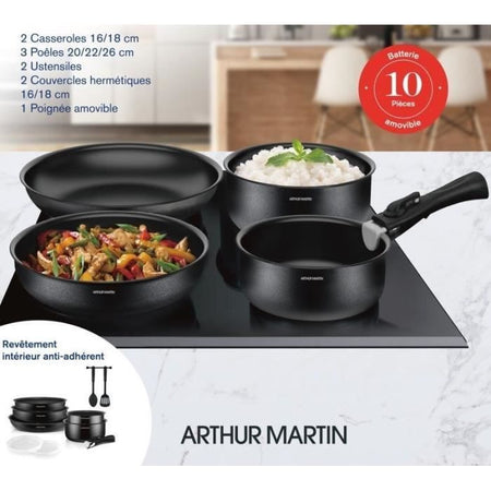 Batteria di cottura 10 camere Arthur Martin - Aluminio - Tutte le luci tranne l'induzione - nero