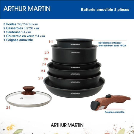8 - Batteria da cucina a 8 camere Arthur Martin - Alluminio - Manico in legno - Tutte le luci inclusa l'induzione