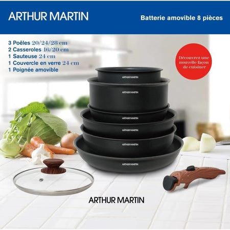 8 - Batteria da cucina a 8 camere Arthur Martin - Alluminio - Manico in legno - Tutte le luci inclusa l'induzione