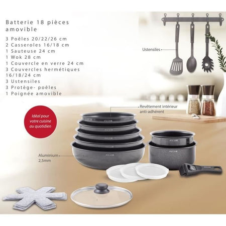 Pentole - Tutte le fonti di calore compresa induzione - ARTE & CUCINA - AC1824 - Alluminio - 18 pezzi - Antiaderente - Manico removibile